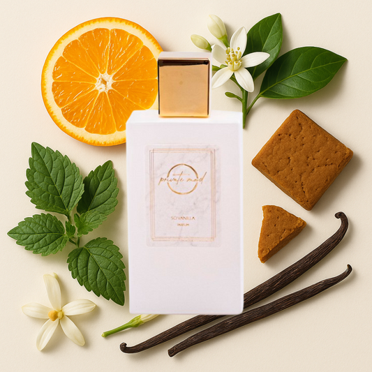 So Vanilla by Private Mood perfume with orange, leaves, florals, gingerbread, and vanilla beans on a light background. Perfume decants available online. We ship from Greenville, SC.