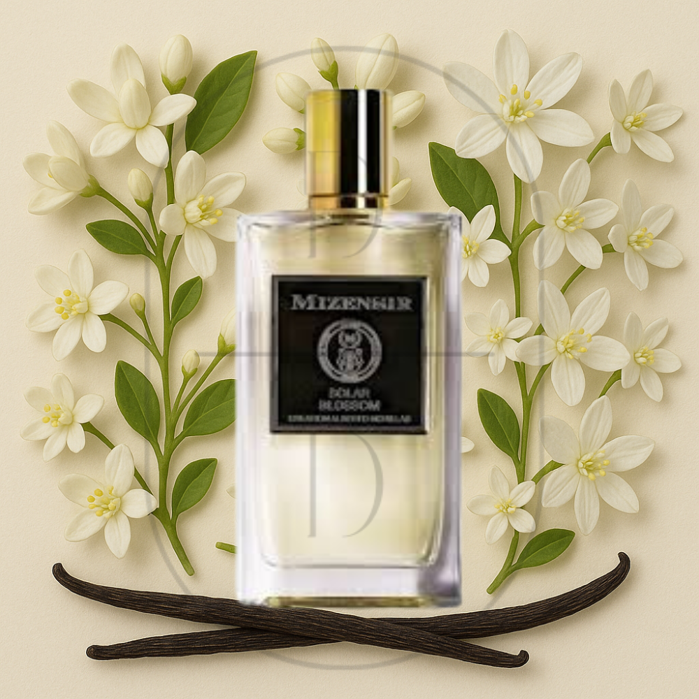Mizensir Solar Blossom perfume bottle surrounded by top, middle, and bottom fragrance notes on a light background. Affordable samples delivered from Greenville, SC. 