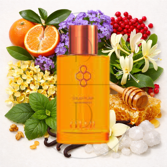 Ojar's Solar Flair perfume bottle surrounded by top, middle, and bottom fragrance notes on a light background. Affordable samples delivered from Greenville, SC. 