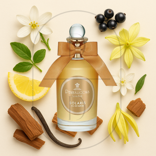 Penhaligon's Solaris perfume bottle surrounded by top, middle, and bottom fragrance notes on a light background. Affordable samples delivered from Greenville, SC. 