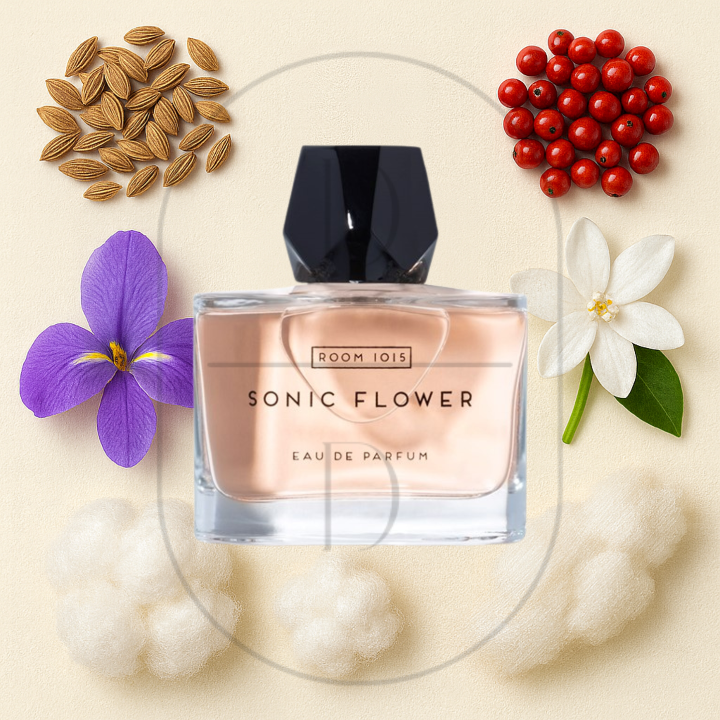 Sonic Flower by Room 1015 perfume bottle surrounded by top, middle, and bottom fragrance notes on a light background. Affordable samples delivered from Greenville, SC. 