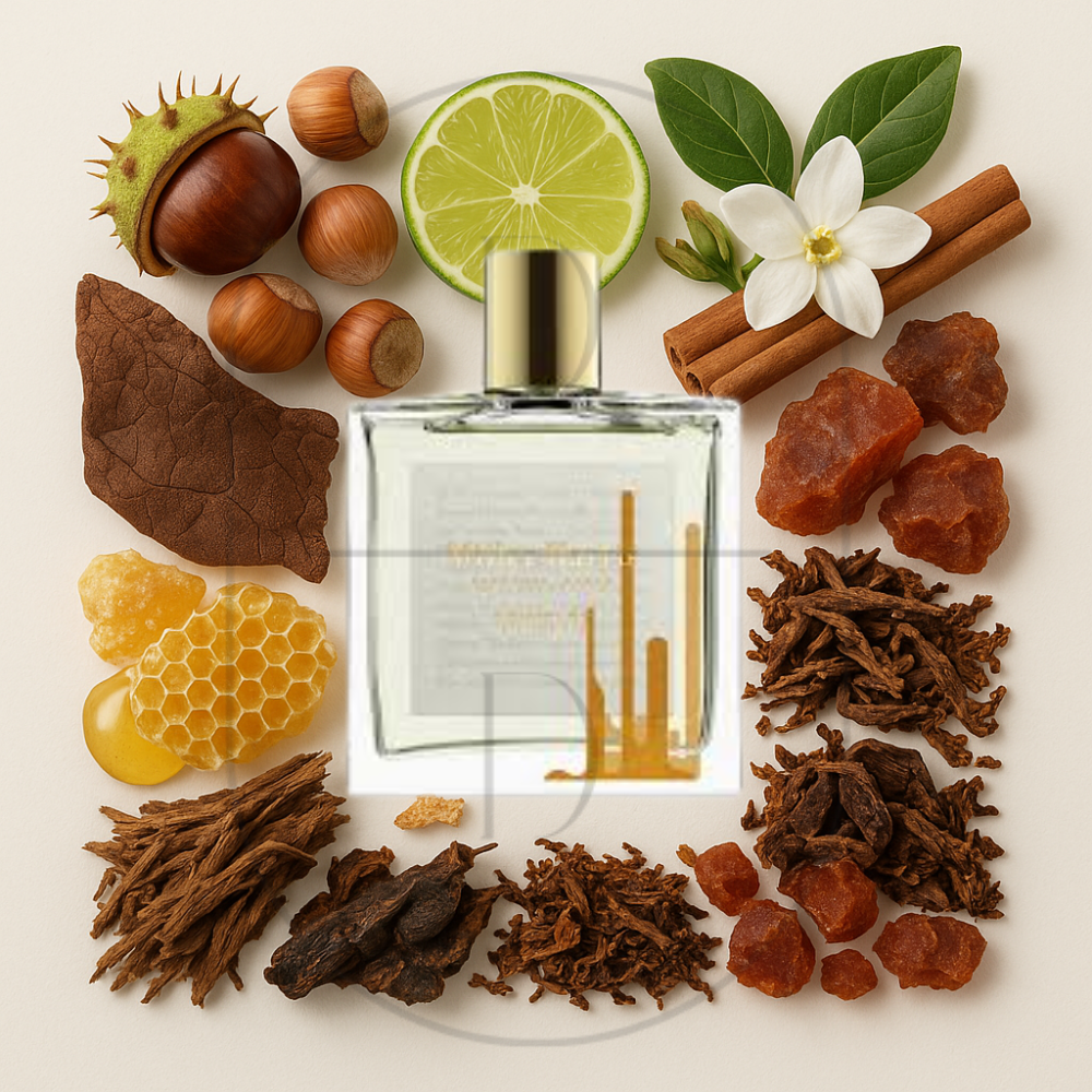 Miller Harris Soufflot perfume bottle surrounded by top, middle, and bottom fragrance notes on a light background. Affordable samples delivered from Greenville, SC. 