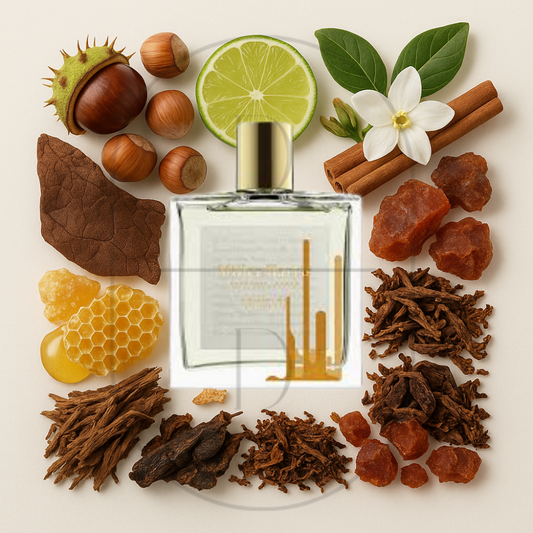 Miller Harris Soufflot perfume bottle surrounded by top, middle, and bottom fragrance notes on a light background. Affordable samples delivered from Greenville, SC. 