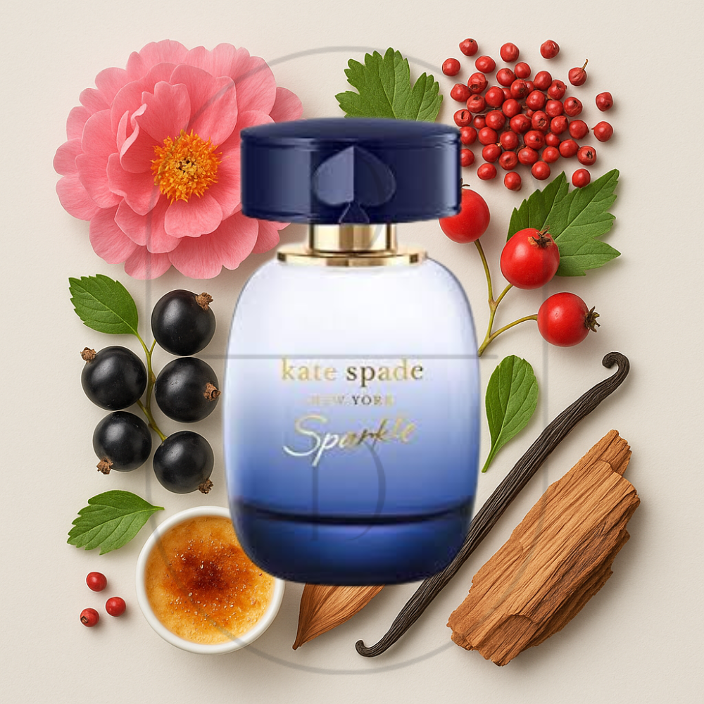 Sparkle New York by Kate Spade perfume bottle surrounded by top, middle, and bottom fragrance notes on a light background. Affordable samples delivered from Greenville, SC. 