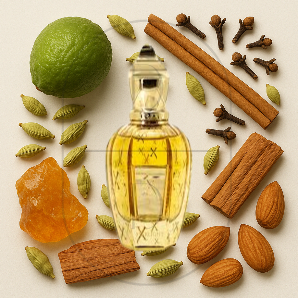 Starlight by Xerjoff perfume bottle surrounded by top, middle, and bottom fragrance notes on a light background. Affordable samples delivered from Greenville, SC. 