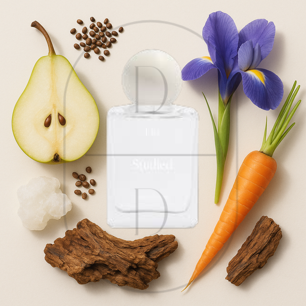 Studied by Liis perfume bottle surrounded by top, middle, and bottom fragrance notes on a light background. Affordable samples delivered from Greenville, SC. 