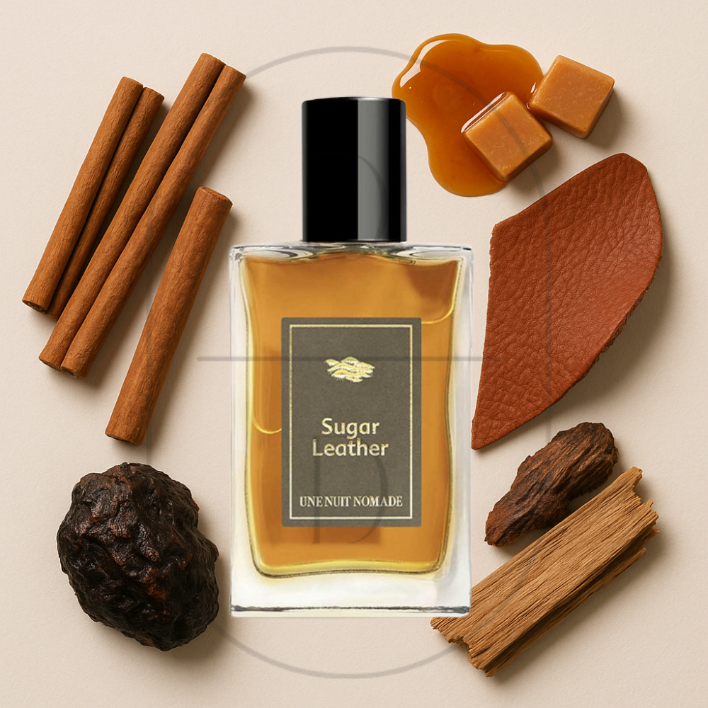 Sugar Leather by Une Nuit Nomade perfume bottle surrounded by top, middle, and bottom fragrance notes on a light background. Affordable samples delivered from Greenville, SC. 