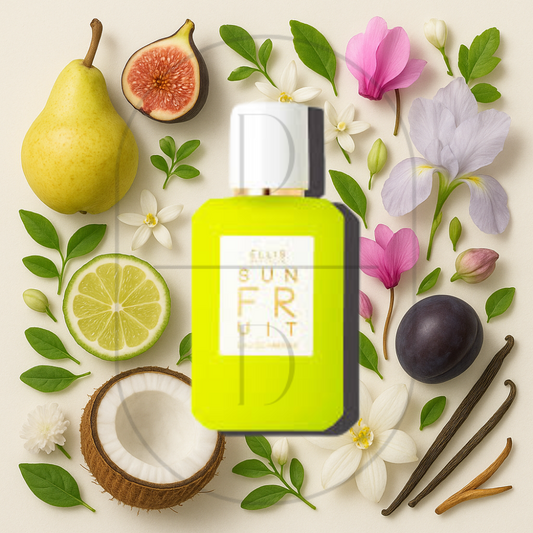 Ellis Brooklyn Sun Fruit perfume bottle surrounded by top, middle, and bottom fragrance notes on a light background. Affordable samples delivered from Greenville, SC. 