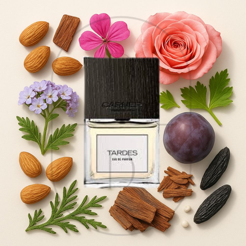 Tardes by Carner Barcelona perfume bottle surrounded by top, middle, and bottom fragrance notes on a light background. Affordable samples delivered from Greenville, SC. 