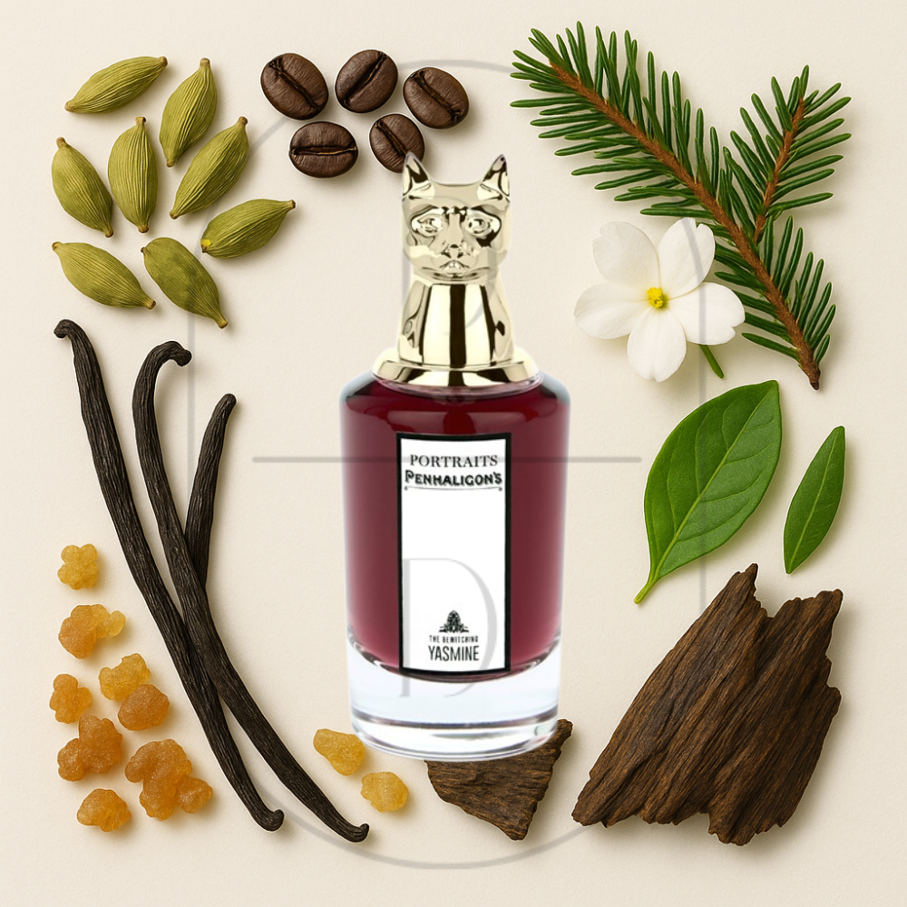 The Bewitching Yasmine by Penhaligon's perfume bottle surrounded by top, middle, and bottom fragrance notes on a light background. Affordable samples delivered from Greenville, SC. 