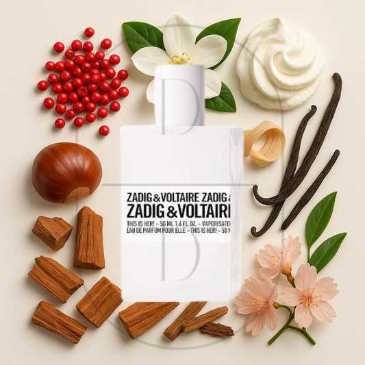 This is Her! by Zadig & Voltaire perfume bottle surrounded by top, middle, and bottom fragrance notes on a light background. Affordable samples delivered from Greenville, SC. 