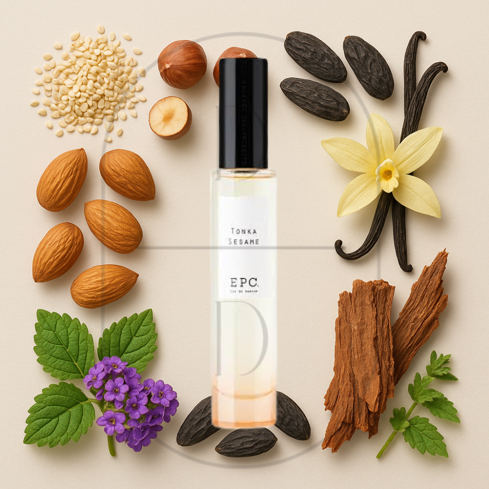 EPC Tonka Sesame perfume bottle surrounded by top, middle, and bottom fragrance notes on a light background. Affordable samples delivered from Greenville, SC. 