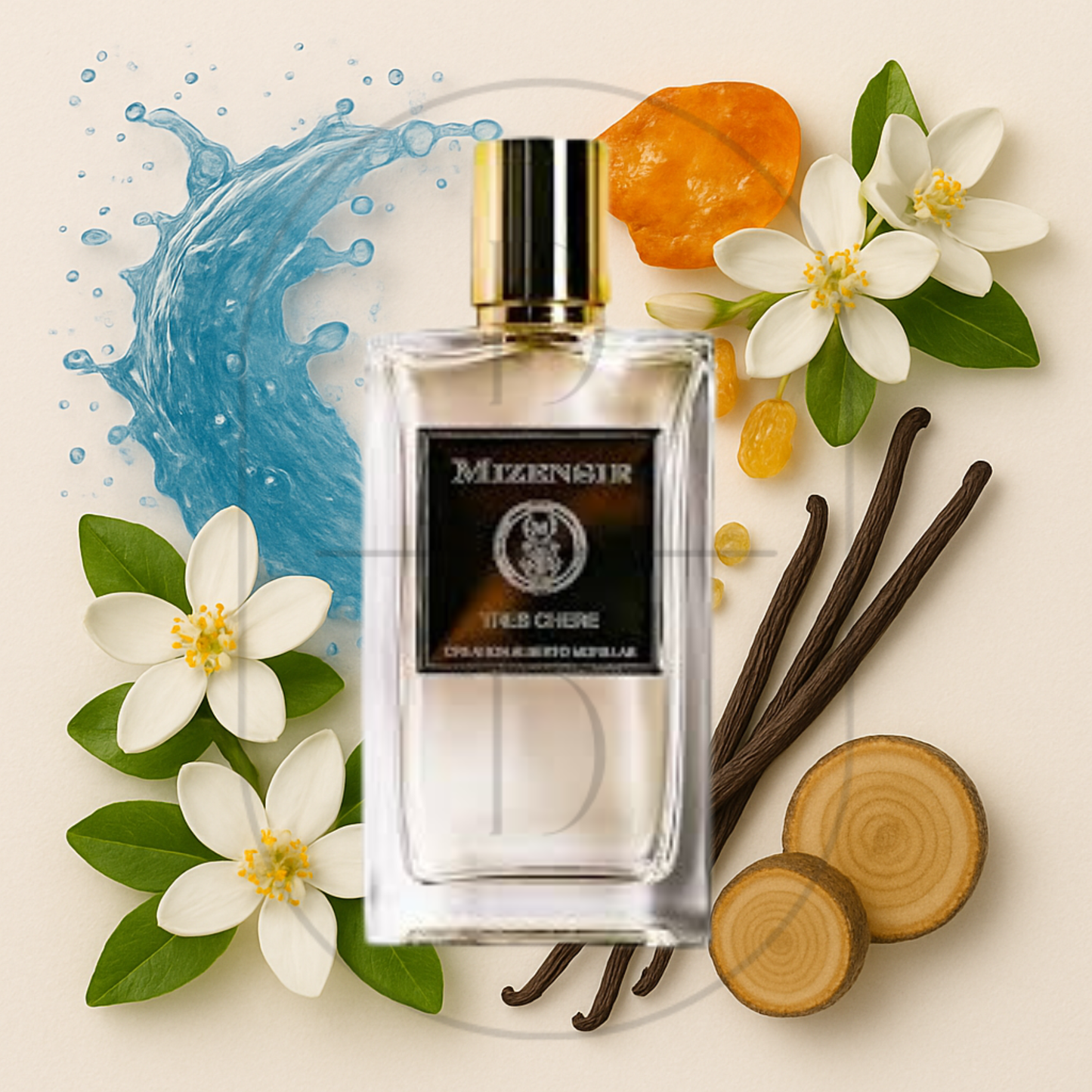 Mizensir rès Chère perfume bottle surrounded by top, middle, and bottom fragrance notes on a light background. Affordable samples delivered from Greenville, SC. 