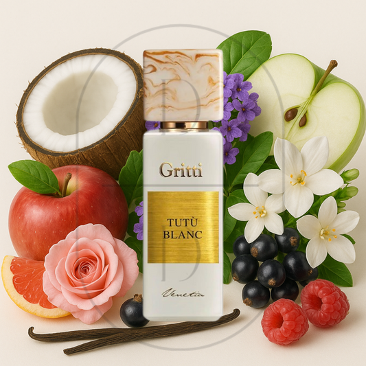 Gritti Tutù Blanc perfume bottle surrounded by top, middle, and bottom fragrance notes on a light background. Affordable samples delivered from Greenville, SC. 