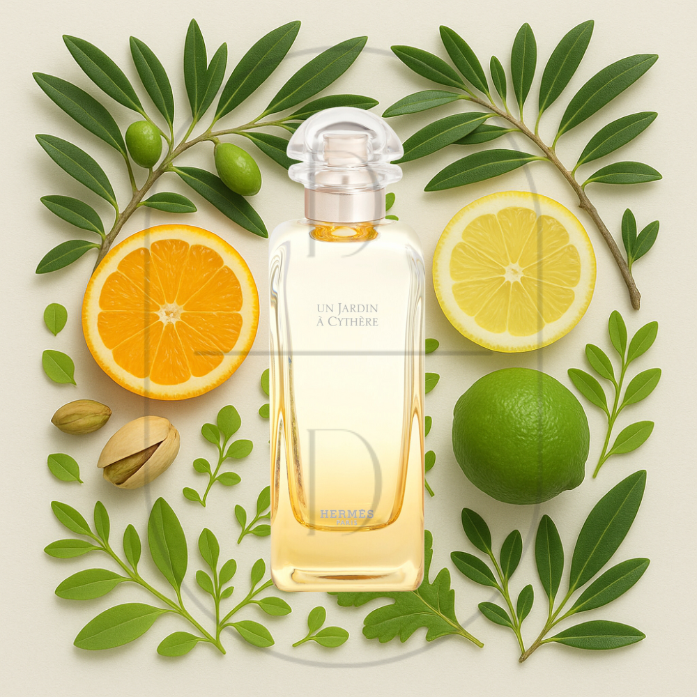 Hermès Un Jardin à Cythère perfume bottle surrounded by top, middle, and bottom fragrance notes on a light background. Affordable samples delivered from Greenville, SC. 