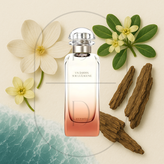 Un Jardin Sur La Lagune by Hermès perfume bottle surrounded by top, middle, and bottom fragrance notes on a light background. Affordable samples delivered from Greenville, SC. 