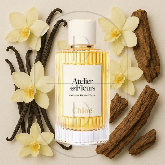 Chloé Atelier des Fleurs Vanilla Planifolia perfume bottle surrounded by top, middle, and bottom fragrance notes on a light background. Affordable samples delivered from Greenville, SC. 