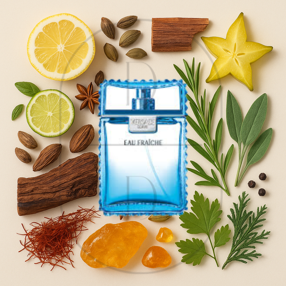 Versace Man Eau Fraiche perfume bottle surrounded by top, middle, and bottom fragrance notes on a light background. Affordable samples delivered from Greenville, SC. 