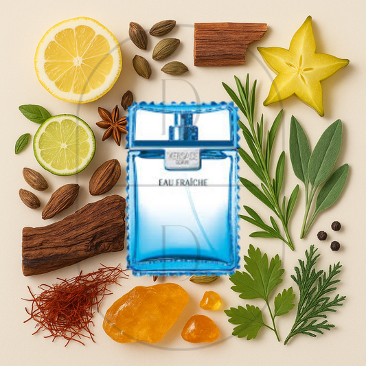 Versace Man Eau Fraiche perfume bottle surrounded by top, middle, and bottom fragrance notes on a light background. Affordable samples delivered from Greenville, SC. 