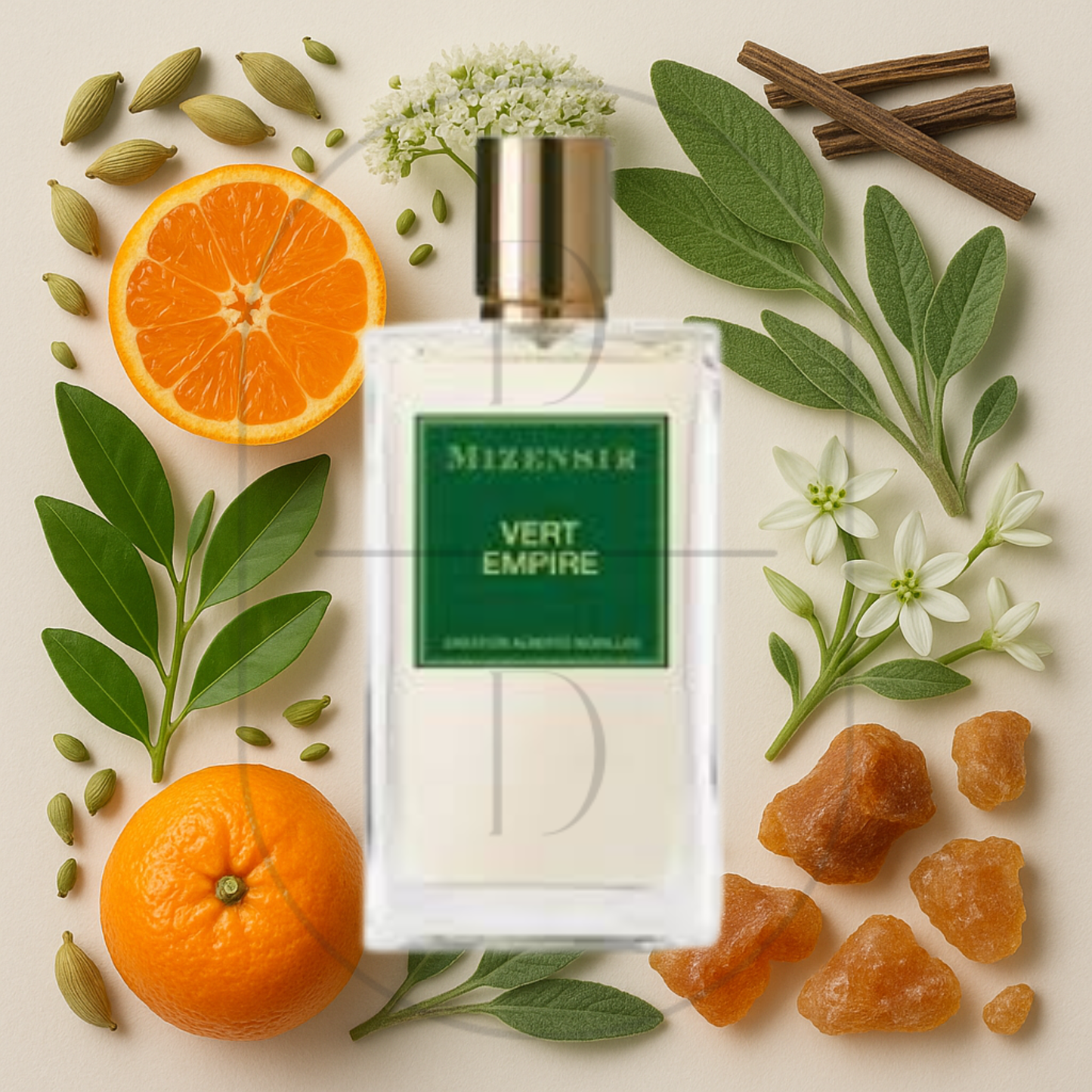 Mizensir Vert Empire perfume bottle surrounded by top, middle, and bottom fragrance notes on a light background. Affordable samples delivered from Greenville, SC. 