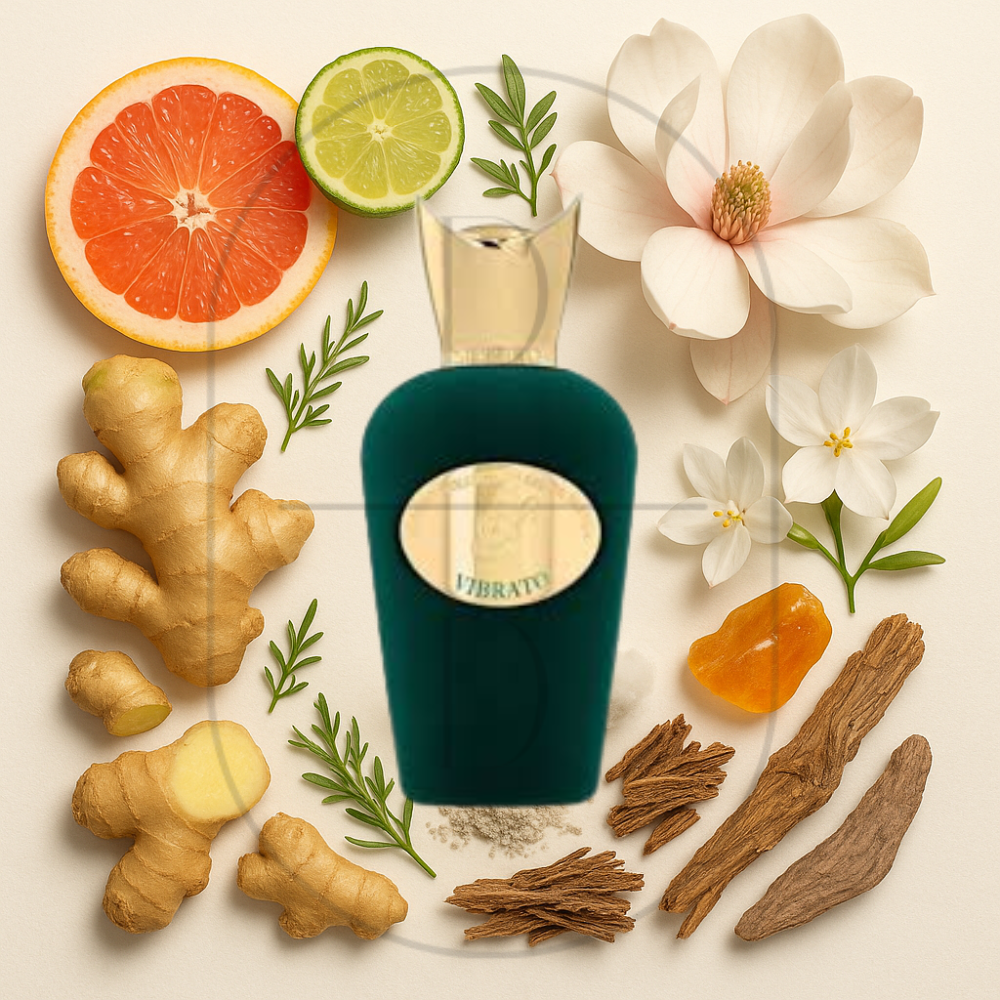 Vibrato by Sospiro perfume bottle surrounded by top, middle, and bottom fragrance notes on a light background. Affordable samples delivered from Greenville, SC. 