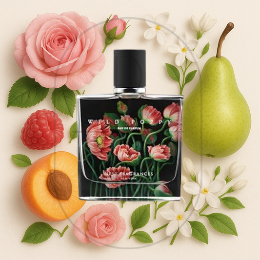 Wild Poppy by Nest perfume bottle surrounded by top, middle, and bottom fragrance notes on a light background. Affordable samples delivered from Greenville, SC. 