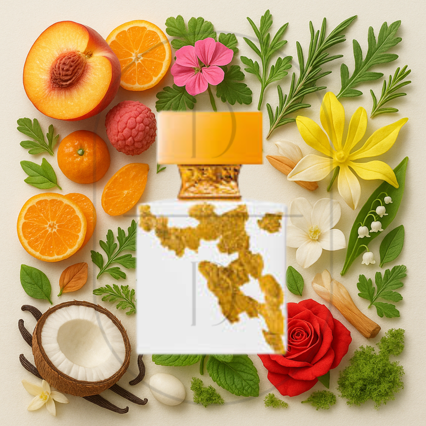 Ylang in Gold Nectar by M. Micallef perfume bottle surrounded by top, middle, and bottom fragrance notes on a light background. Affordable samples delivered from Greenville, SC. 