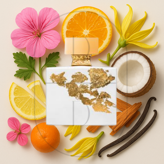 Ylang in Gold by M. Micallef perfume bottle surrounded by top, middle, and bottom fragrance notes on a light background. Affordable samples delivered from Greenville, SC. 