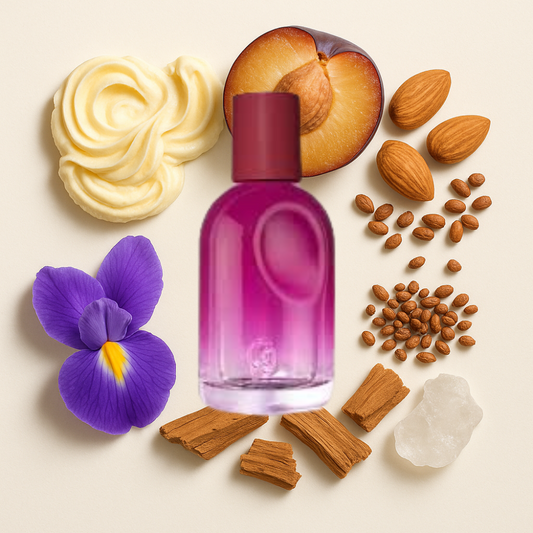 Glossier You Rêve perfume surrounded by plum, buttercream, almonds, iris, sandalwood, and musk on a beige background. Perfume decants available online. We ship from Greenville, SC.
