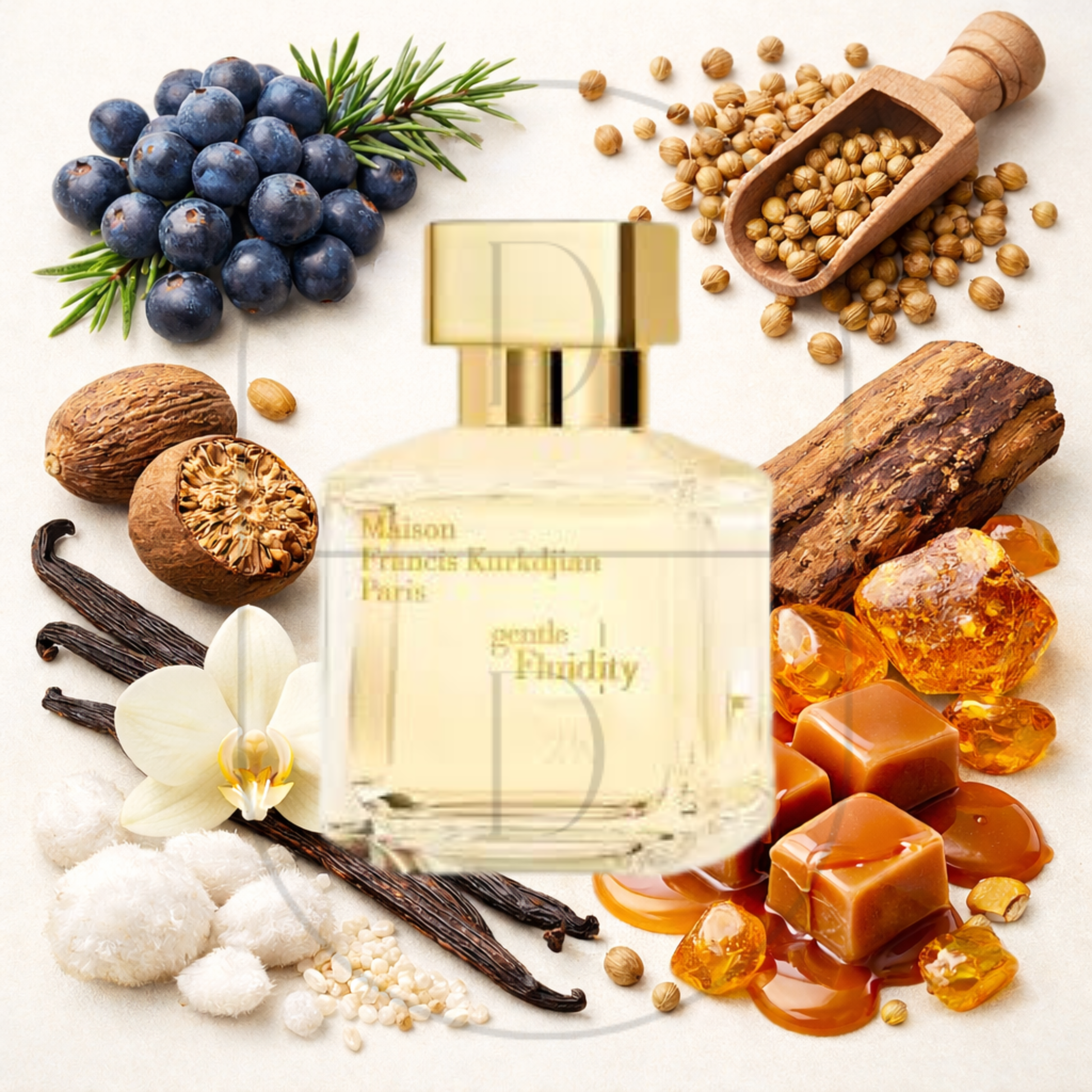 Maison Francis Kurkdjian Gentle Fluidity Gold perfume bottle surrounded by top, middle, and bottom fragrance notes on a light background. Affordable samples delivered from Greenville, SC. 