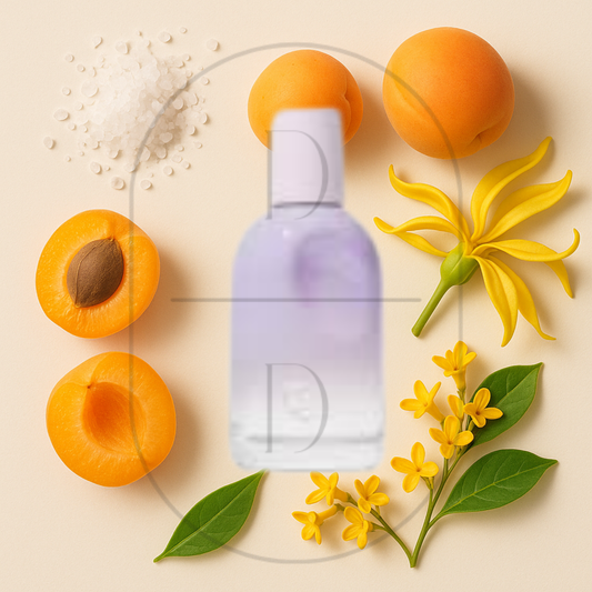 Glossier You Fleur perfume bottle surrounded by top, middle, and bottom fragrance notes on a light background. Affordable samples delivered from Greenville, SC. 