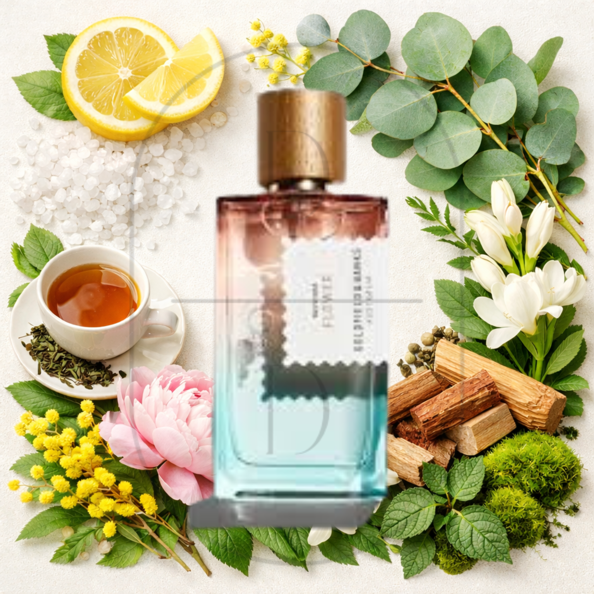 Goldfield & Banks Pacific Rock Flower perfume bottle surrounded by top, middle, and bottom fragrance notes on a light background. Affordable samples delivered from Greenville, SC. 
