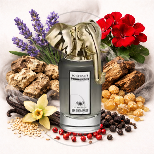 Penhaligon's The Omniscient Mr Thompson perfume bottle surrounded by top, middle, and bottom fragrance notes on a light background. Affordable samples delivered from Greenville, SC. 